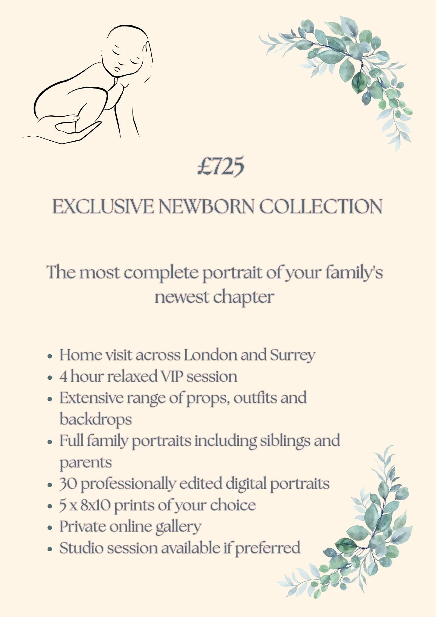 Elegant brochure for a newborn photography package with a line drawing of a sleeping baby held by a hand, surrounded by watercolor eucalyptus branches and text detailing the package price and features.