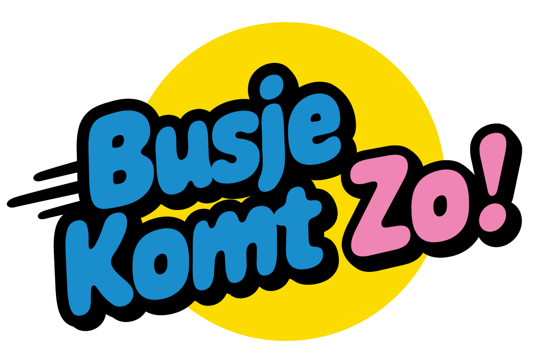 Kleurrijke tekst die zegt 'Busje komt zo!', met de woorden in blauwe en roze letters en een gele achtergrond.