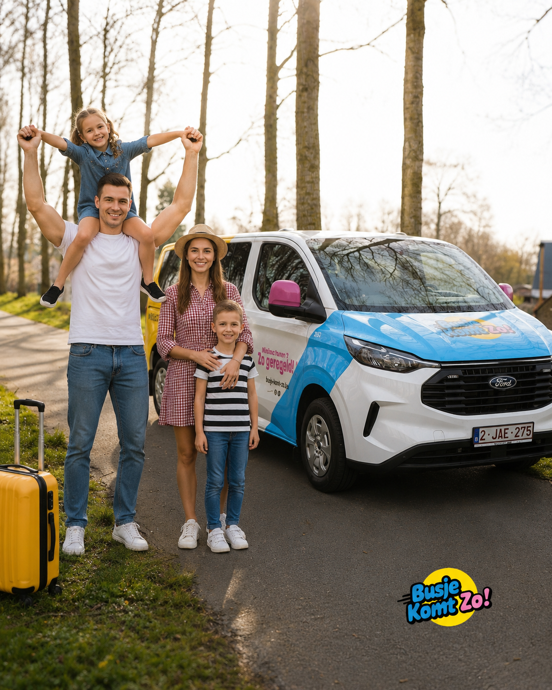 Gezin vertrekt met een minibus voor een daguitstap