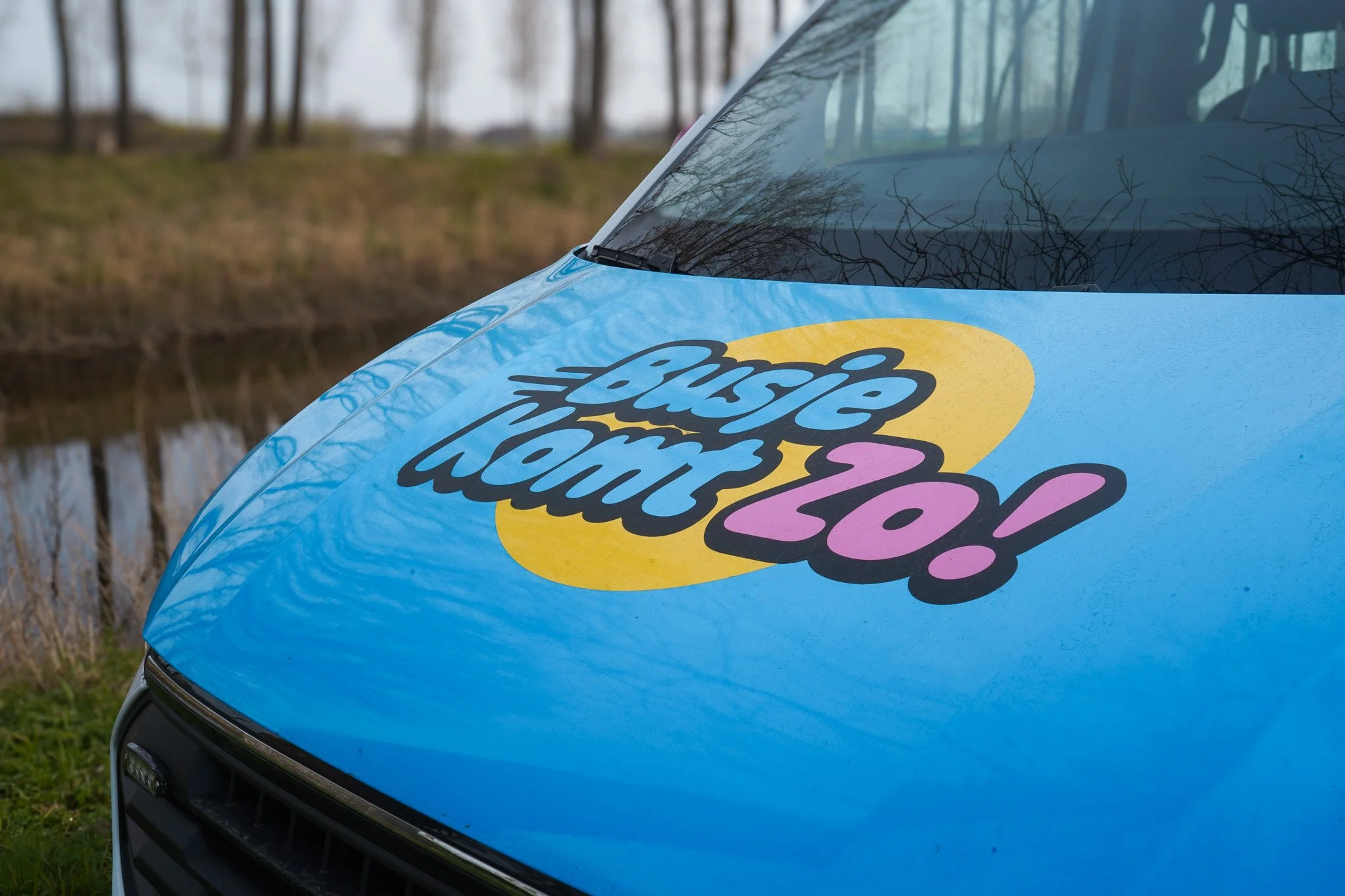 Close-up van de motorkap van een blauwe auto met een kleurrijk logo dat zegt 'Zooo! Sachee'.