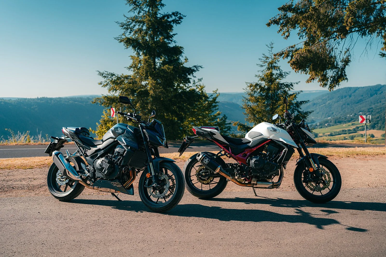 Twee Honda CB750 Hornet, blauw en wit met rood, prachtig uitzicht met heuvels bomen en een mooie weg