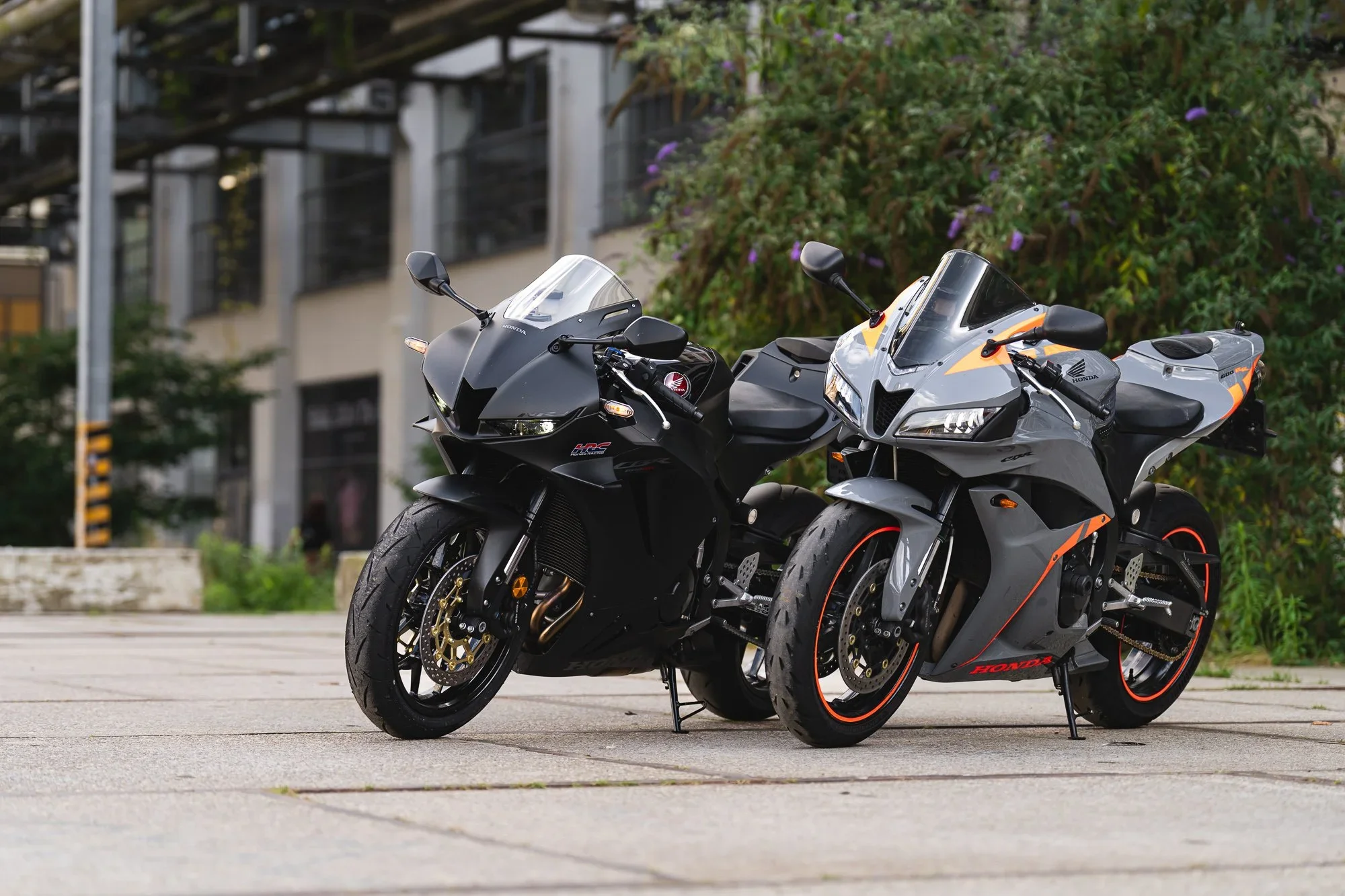 New and old CBR600RR next to each other in urban area. Motorcycle photography