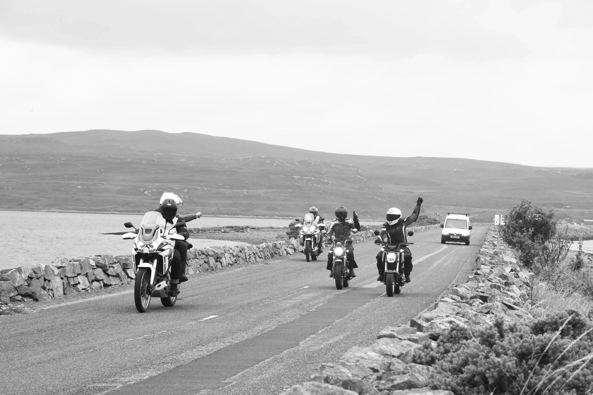 BTS footage of motorcycle photoshoot, tracking shots, Africa Twin, Honda Grom and Monkey