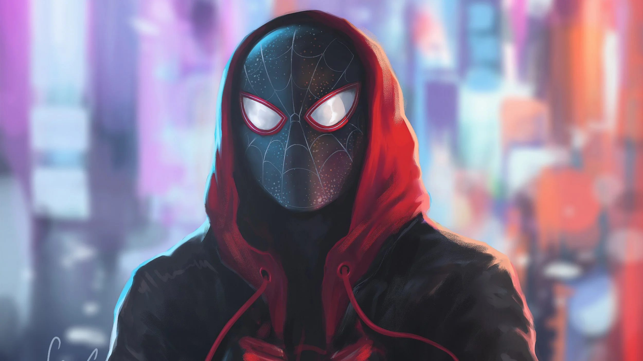 Person wearing a Spider-Man mask with a red hooded jacket, standing in a colorful, blurred cityscape at night.