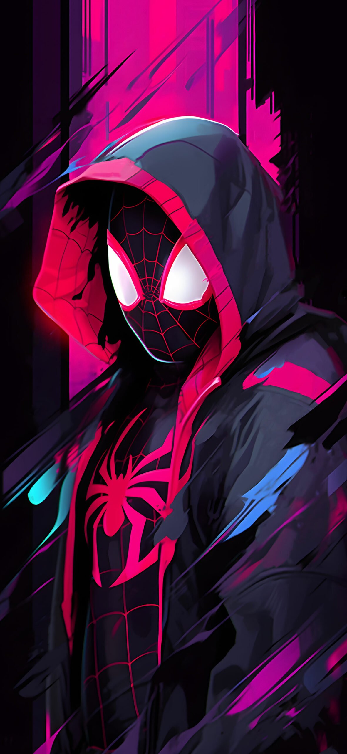 Digital illustration of Spider-Man in a dark hoodie with glowing pink accents, set against a neon-lit, abstract city background.