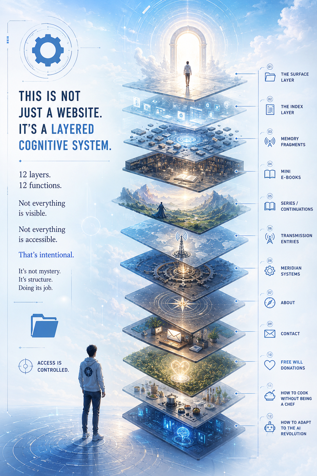 A digital layered diagram representing a cognitive system with layers from bottom to top: AI interface, AI systems, transmission entries, series/continuations, mini e-books, memory fragments, index layer, surface layer. A person stands at the bottom observing the layers, symbolizing navigation through a layered digital environment, with a bright portal at the top.