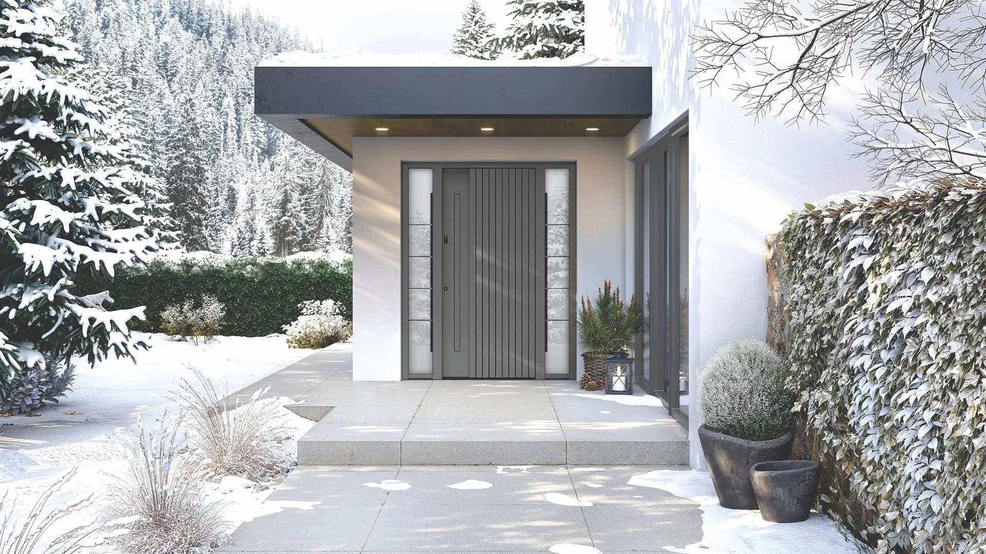 Moderne Haustür vor winterlicher Hintergrund mit verschneiten Bäumen und Pflanzen, umgeben von einer gepflegten Terrasse und Garten