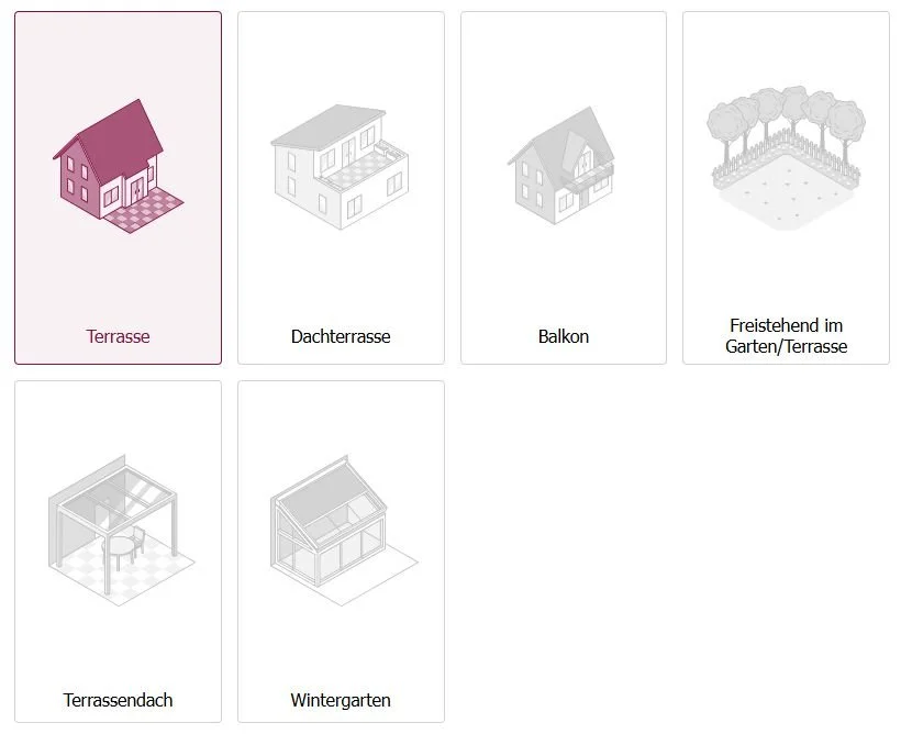 Diagramm verschiedener Hausdach-Typen, inklusive Terrasse, Dachterrasse, Balkon, Freisitz im Garten, Terrassendach und Wintergarten.