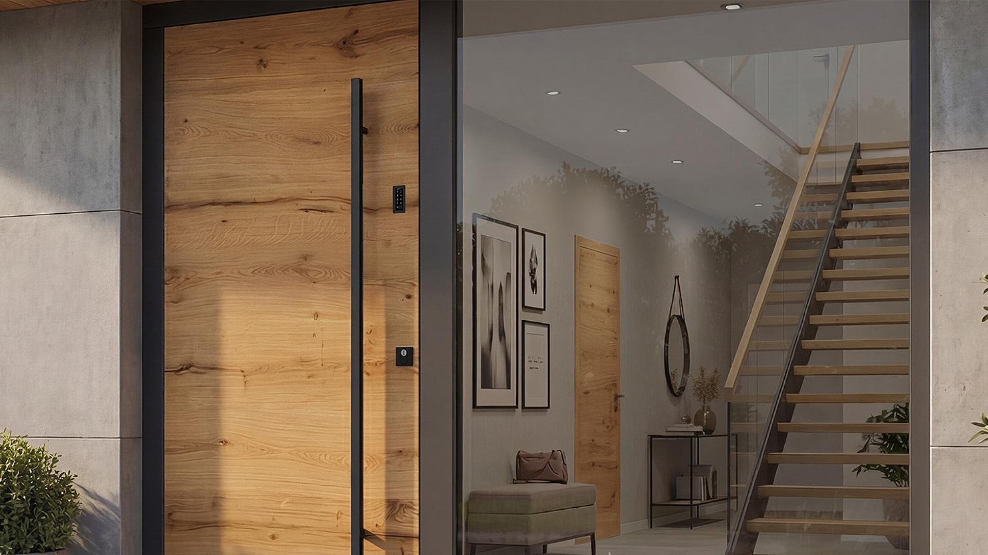 Moderne Eingangstür aus Holz mit Glas, Blick ins Innere eines Wohnhauses mit Treppe und Dekorationen.