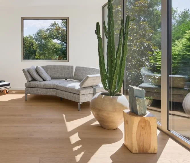 Moderne Wohnzimmer mit grauer Couch, großen Alu-Fenster, Holzfußboden, großen Kaktus in einer Vase und Kunststein-Objekt auf Holzblock.