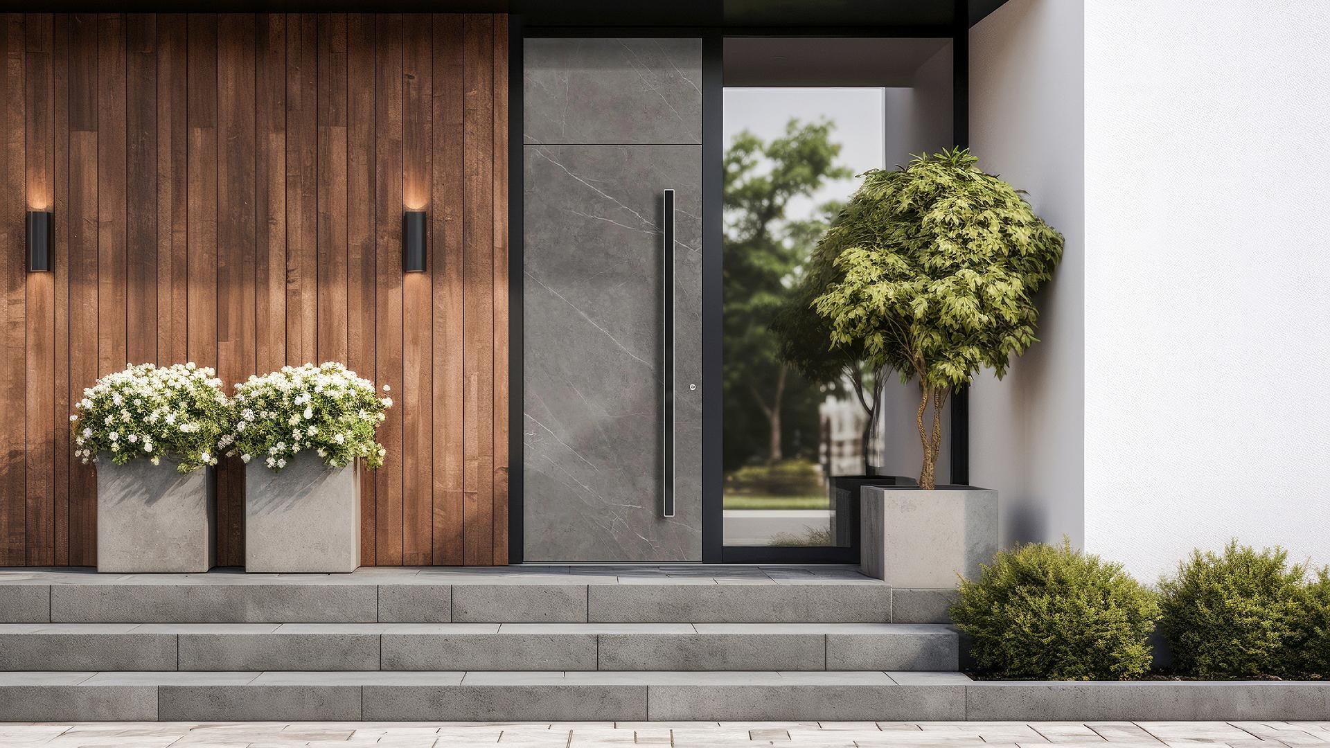 Moderne Haustür mit Holz- und Steinoptik, flankiert von zwei weißen Blumentöpfen mit weißen Blumen und einer begrünten Pflanze im rechten Topf, vor weißen Treppen. Fenster im Hintergrund.