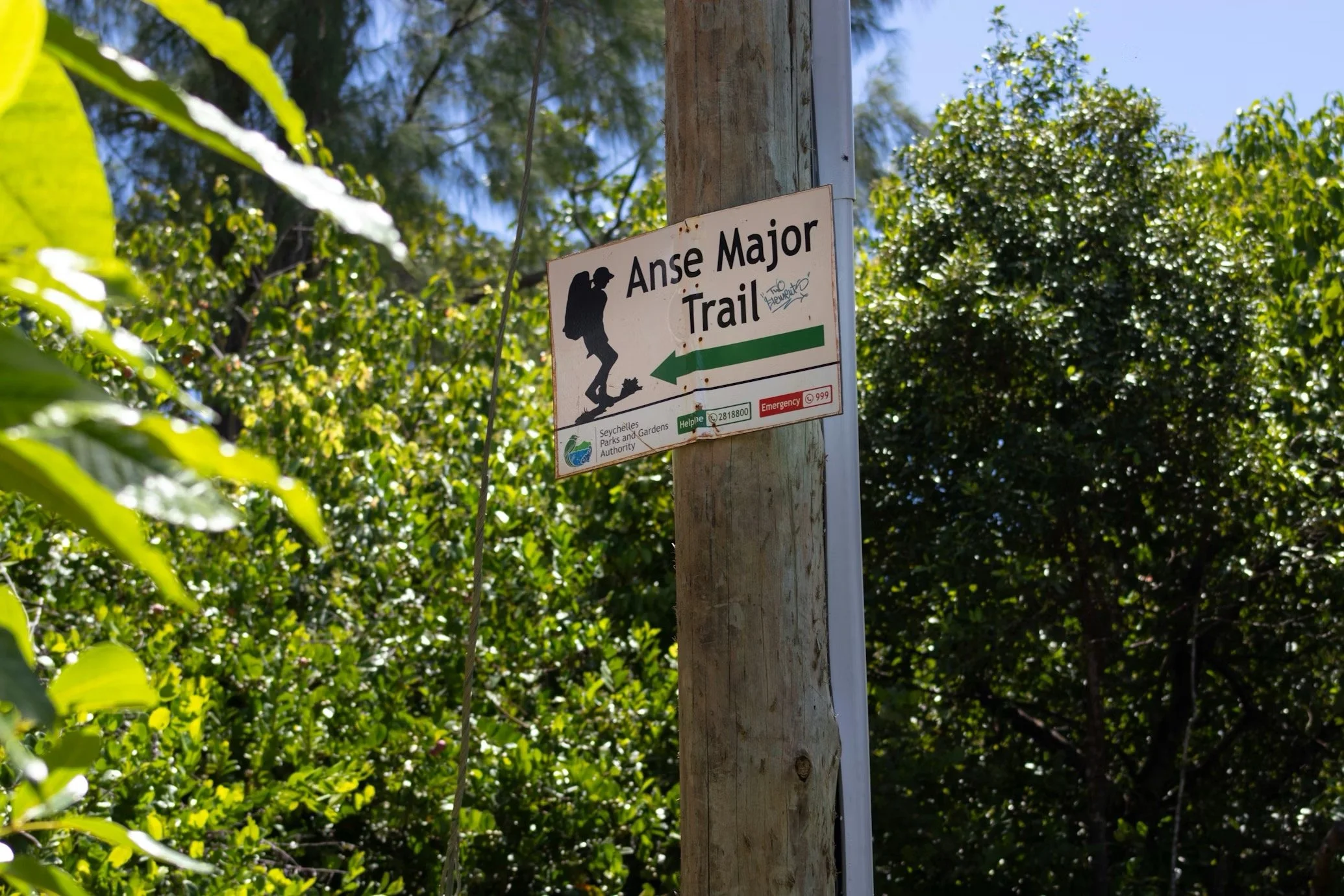 Trail sign indicating Anse Major Trail pointing to the left, surrounded by lush green trees and vegetation.