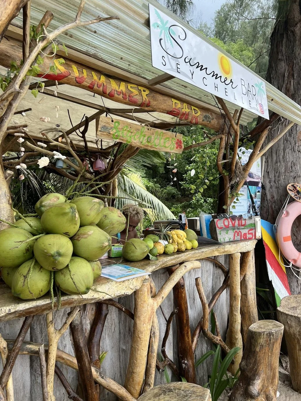 A rustic outdoor stand with a wooden counter made of tree branches, selling coconuts and lemons. There are signs for a summer bar, pool, and smoothies, with some decorations hanging from the branches. A woman is behind the counter, surrounded by lush greenery.