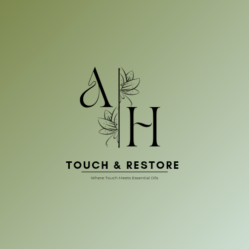 Logo for 'Touch & Restore' with stylized 'A' and 'H' and a floral design on a green gradient background, including tagline 'Where Touch Meets Essential Oils'.