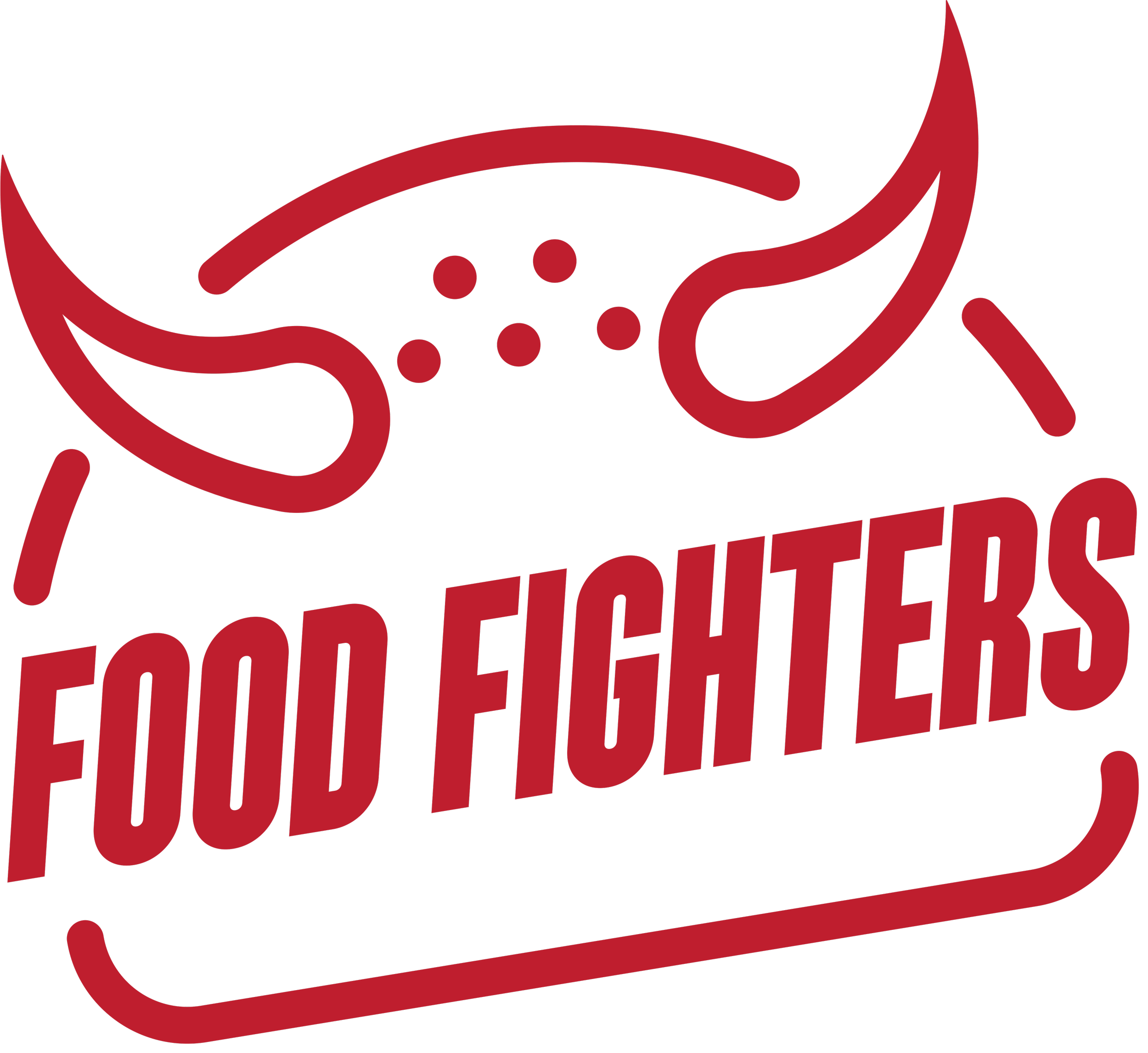 A red burger with horns and the words "Food Fighters" in bold, stylized red letters below.