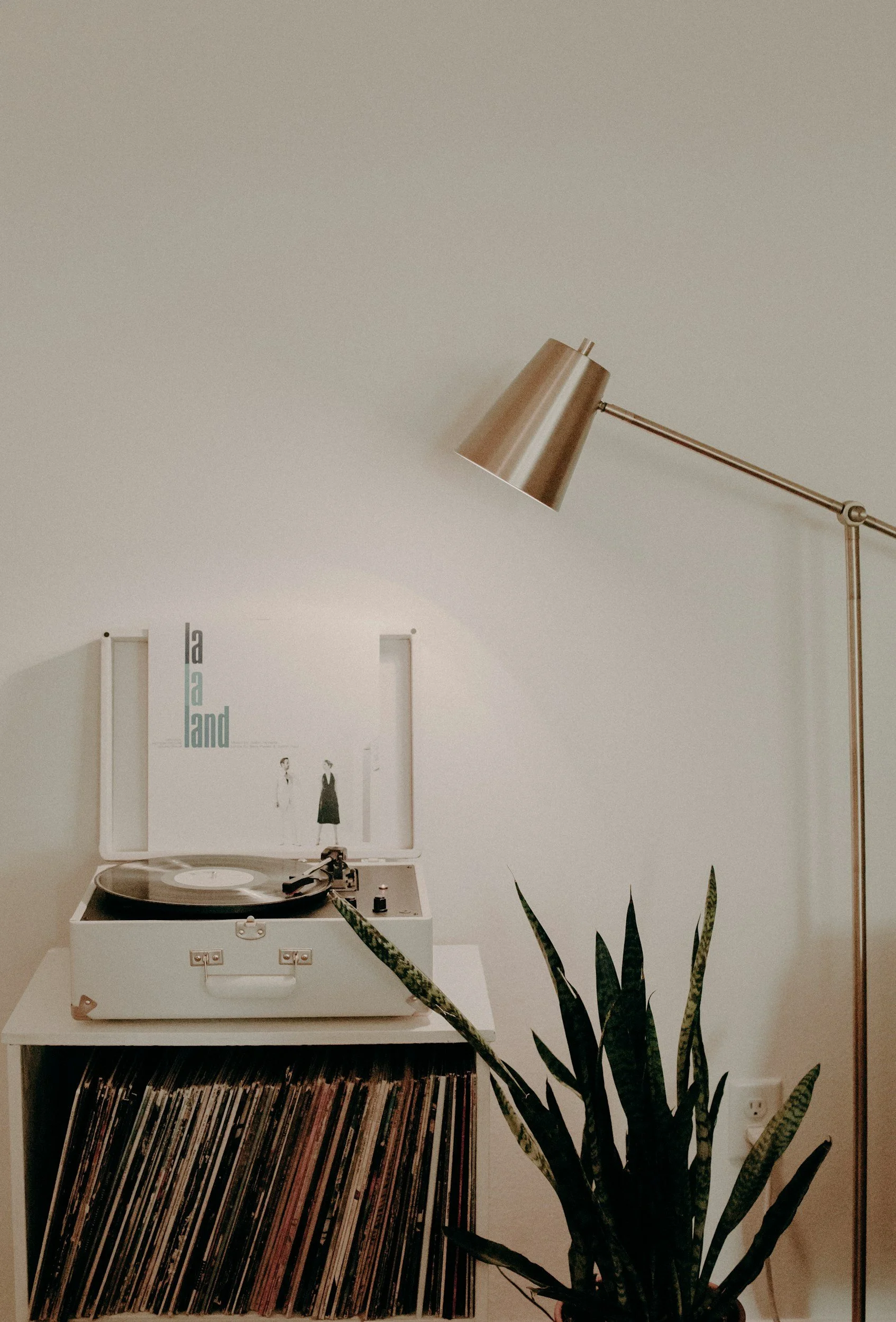 A white vintage record player with an open album cover displaying a photo of two women, one in a dress and one in a jumpsuit. The record player is placed on a white shelf filled with vinyl records. To the right, there's a green houseplant with long, pointed leaves. In the background, a floor lamp with a metallic shade extends from the right side of the image, casting light on the wall.