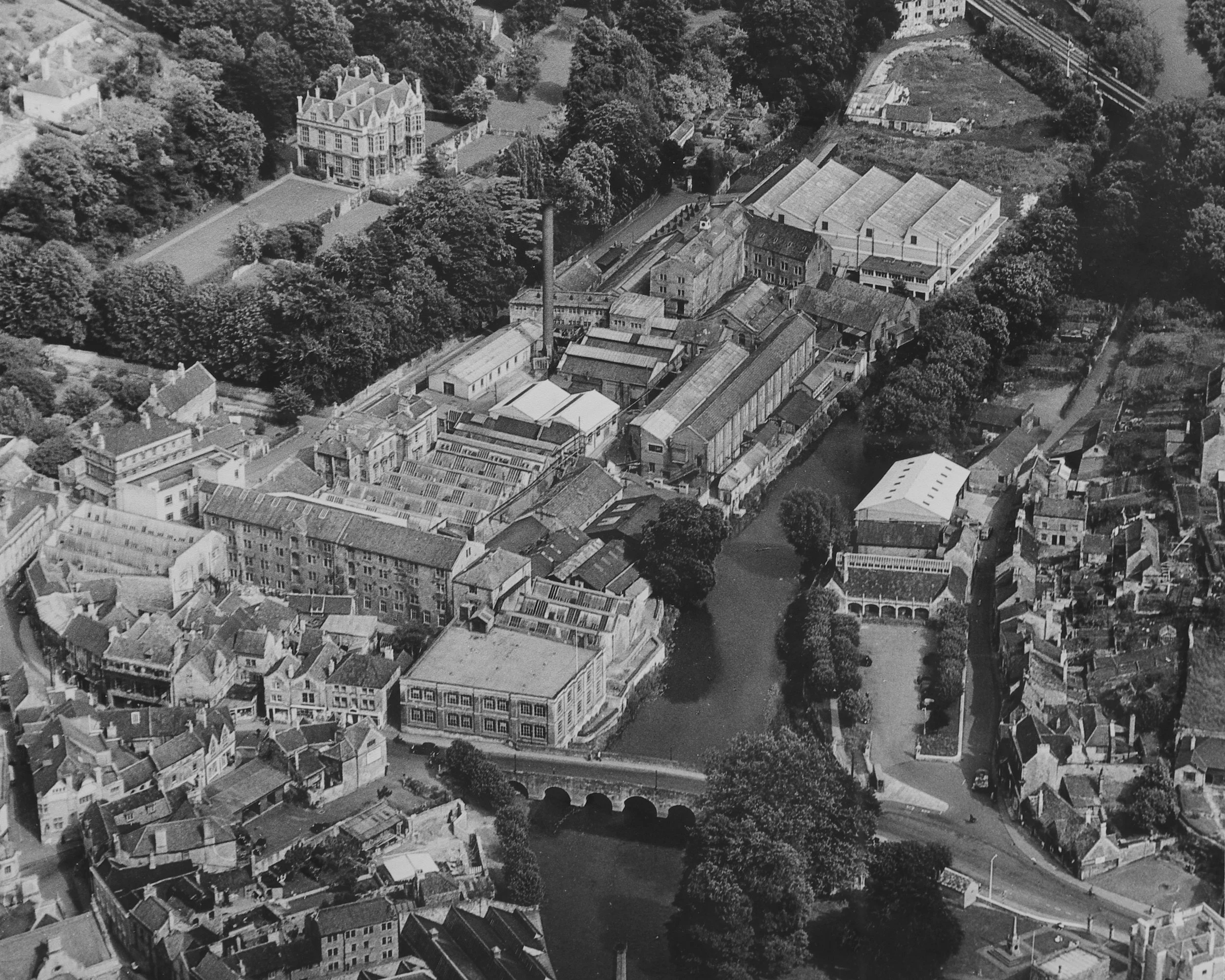 Aerial black and white photograph of the Avon Factory in Bradford on Avon
