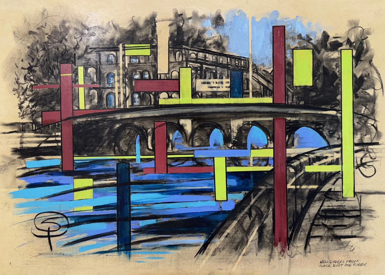 A mixed media artwork of Bradford on Avon Town Bridge with Kingston Mills in the background. Bright, colourful rectangular blocks are painted over a sketchy black and grey drawing, adding abstract elements to the scene.