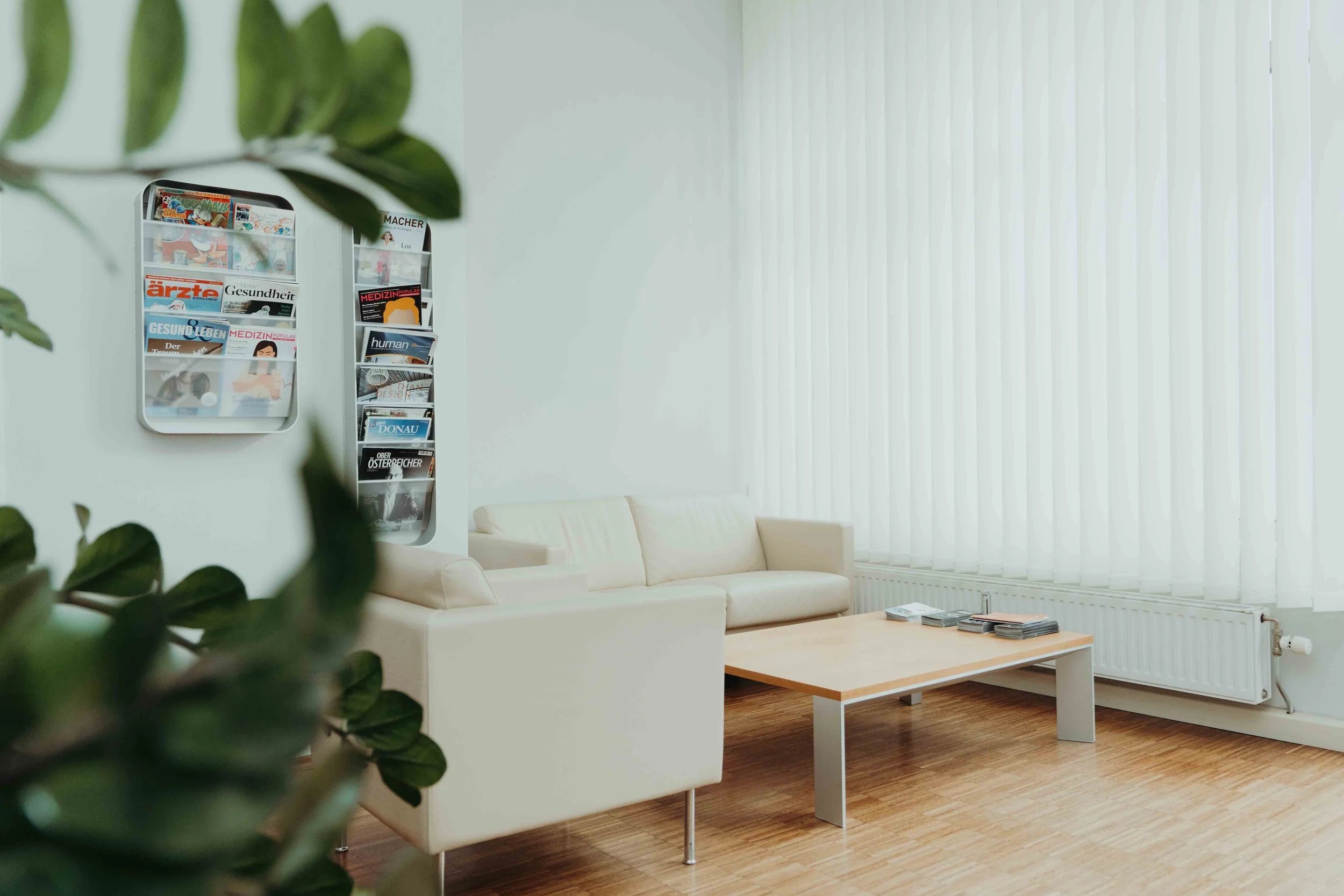 Ein heller Wartezimmer mit weißem Sofa, einem Couchtisch aus Holz und Zeitschriften. An der Wand hängen Magazinständer mit Zeitschriften. Große Fenster mit vertikalen Jalousien lassen viel Licht in den Raum. Im Vordergrund sind unscharfe grüne Blätter