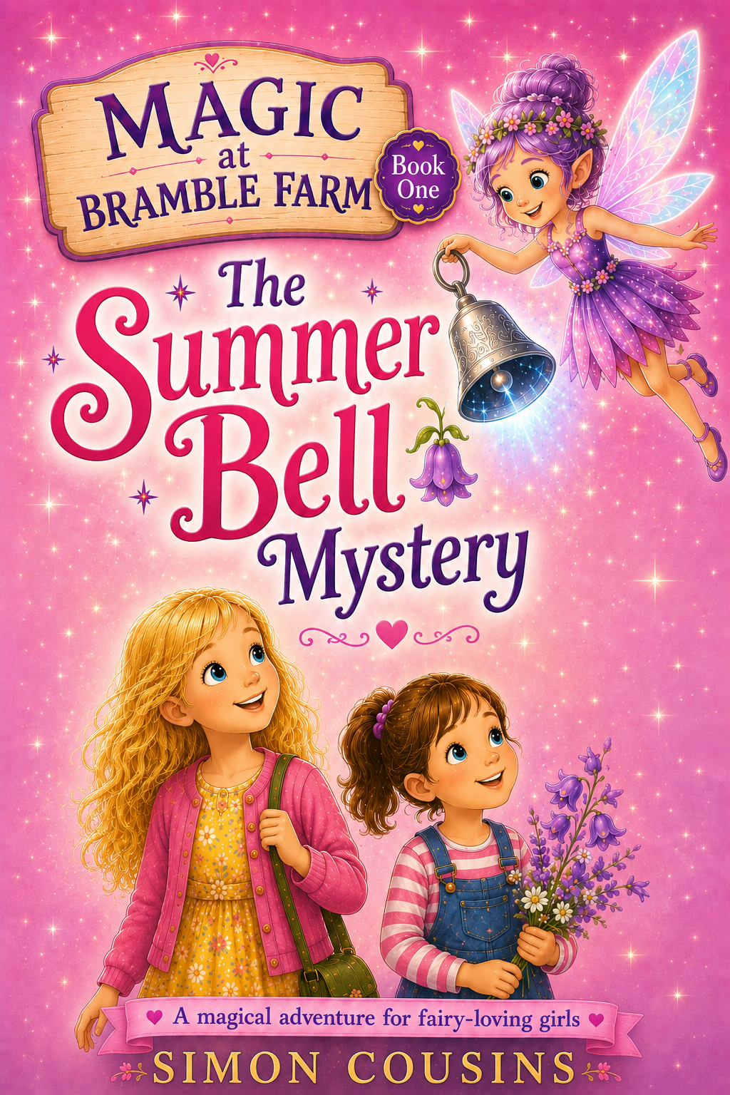 The cover of the children's book titled 'Magic at Bramble Farm: The Summer Bell Mystery' by Simon Cousins. The cover features two young girls, one with curly red hair wearing a yellow dress and pink cardigan, and the other with brown hair in pigtails wearing a striped shirt and overalls, holding a bouquet of purple flowers. A fairy with purple wings and purple hair, wearing a purple dress and a flower crown, is floating and ringing a bell. The background is pink with sparkles, and there is a wooden sign that says 'Book One'.