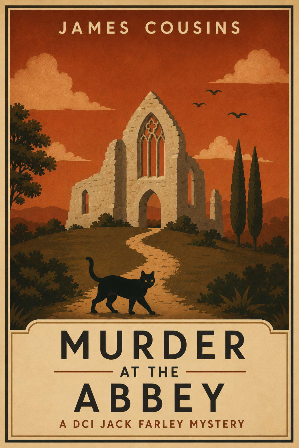 Book cover titled "Murder at the Abbey" by James Cousins. Illustration of an ancient stone abbey on a hill with a winding path, a black cat walking on the path, surrounded by trees, mountains, and a sunset sky with clouds and flying birds.