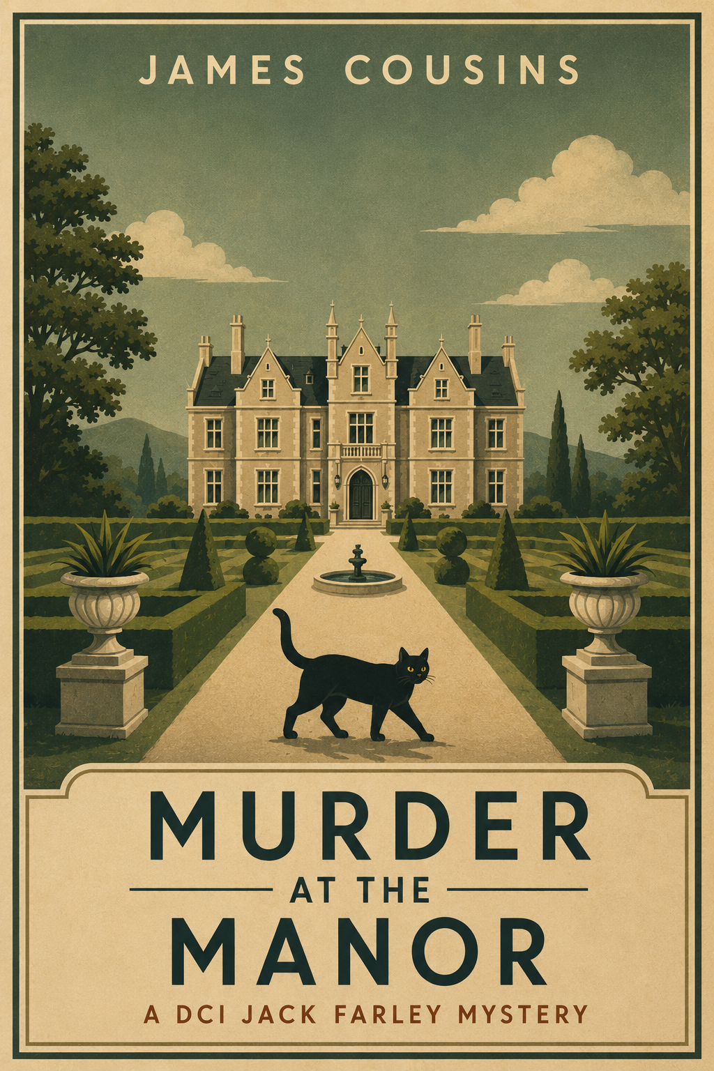 Illustration of a grand manor house with a large garden, a fountain in front, and a black cat walking on the path. The image has the title "Murder at the Manor" by James Cousins, indicating it as a book cover for a mystery novel.