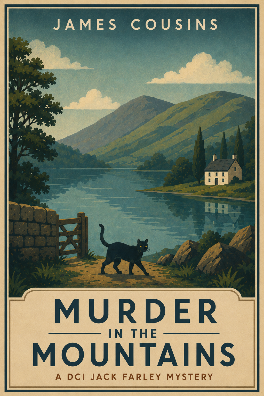 Book cover for 'Murder in the Mountains' by James Cousins, featuring a landscape with mountains, a river, a house, a black cat, a stone wall, and a gate.