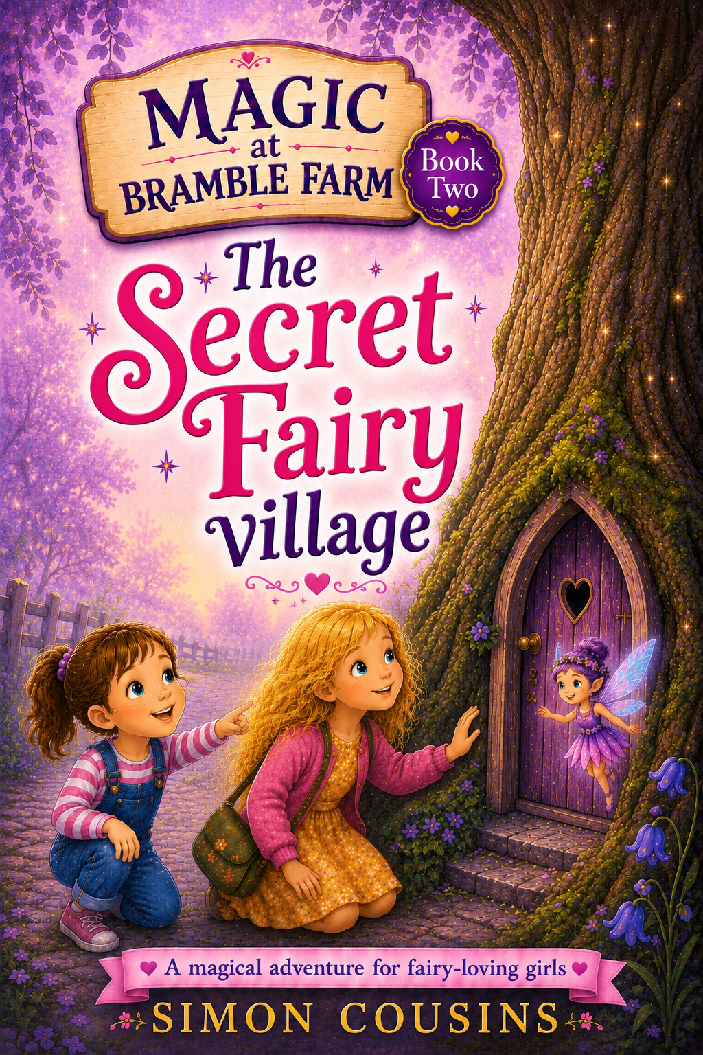 Book cover for 'The Secret Fairy Village' from Magic at Bramble Farm series, Book Two, featuring two young girls looking at a fairy peeking out from a purple fairy door set into a large tree, with a purple and pink color scheme and purple flowers.