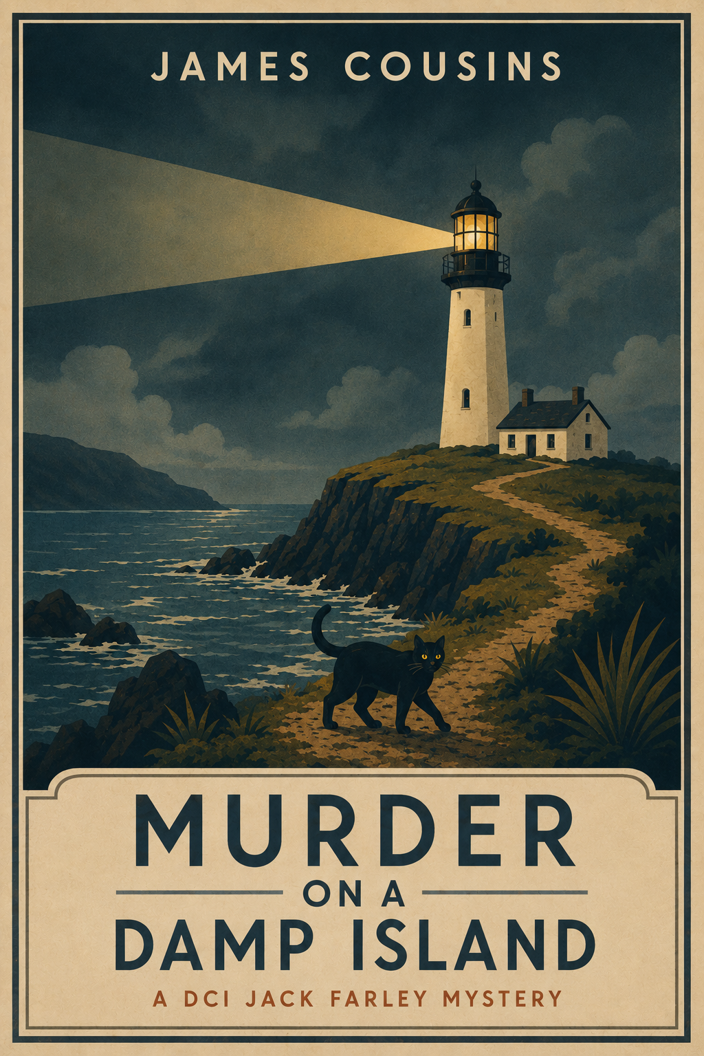 A vintage-style illustrated book cover featuring a lighthouse on a rocky hill near the water, with a black cat in the foreground and a cloudy sky. The title reads 'Murder on a Damp Island,' by James Cousins, part of the DCI Jack Farley Mystery series.