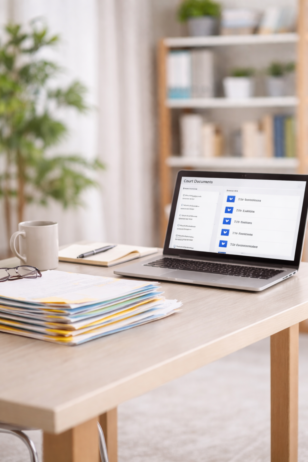 A workspace with a laptop displaying court documents, a stack of color-coded files, a pair of glasses, a mug, a notebook with a pen, and a blurred bookshelf in the background.