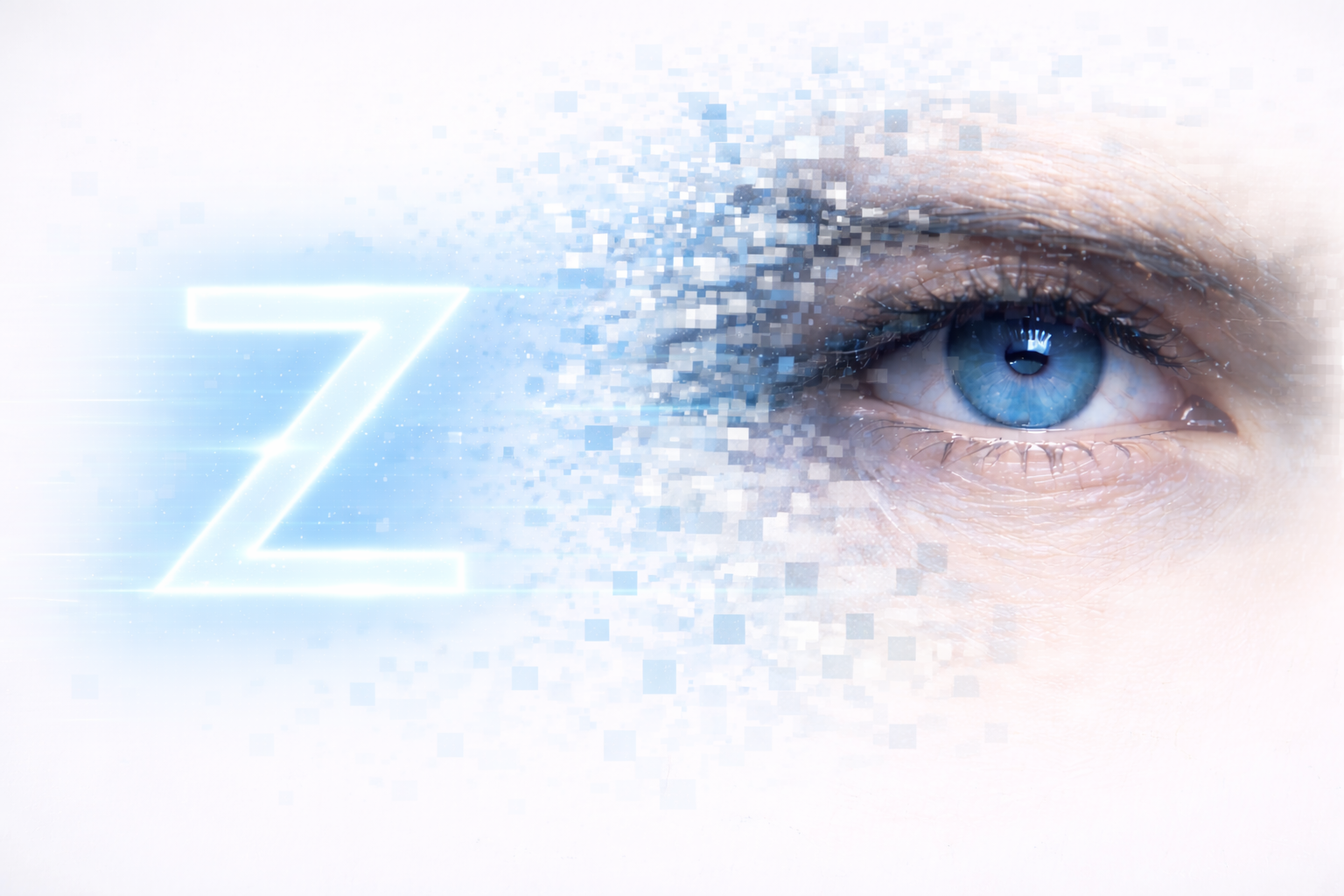 Nahaufnahme eines blauen Auges mit digitalem Effekteffekt, die die Pixelierung des Bildes zeigen, und der Buchstabe 'Z' auf der linken Seite.