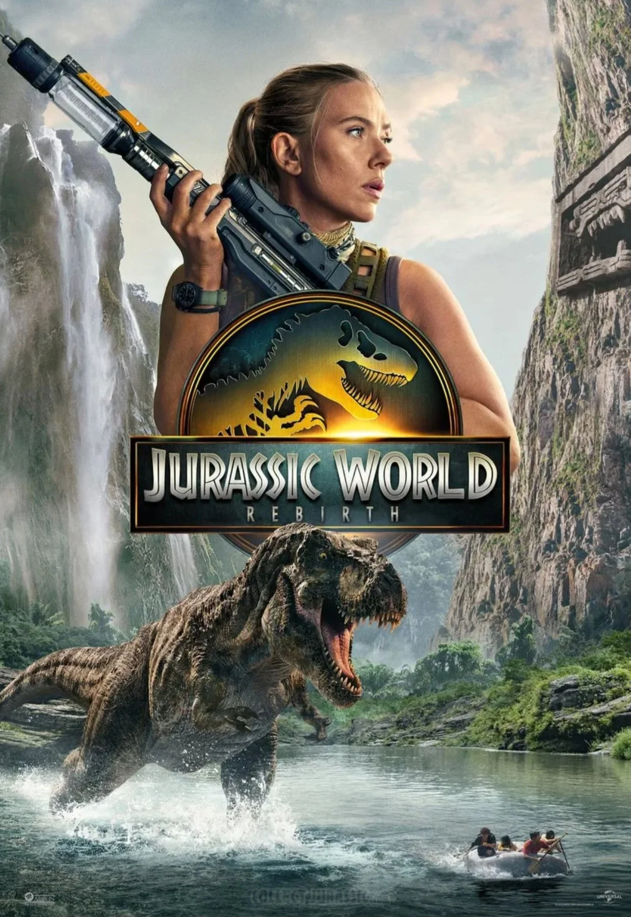 The movie poster for Jurassic World: Rebirth features a woman holding a large futuristic weapon, with a T-Rex dinosaur charging through a river below. The background shows lush greenery, waterfalls, and rocky cliffs.