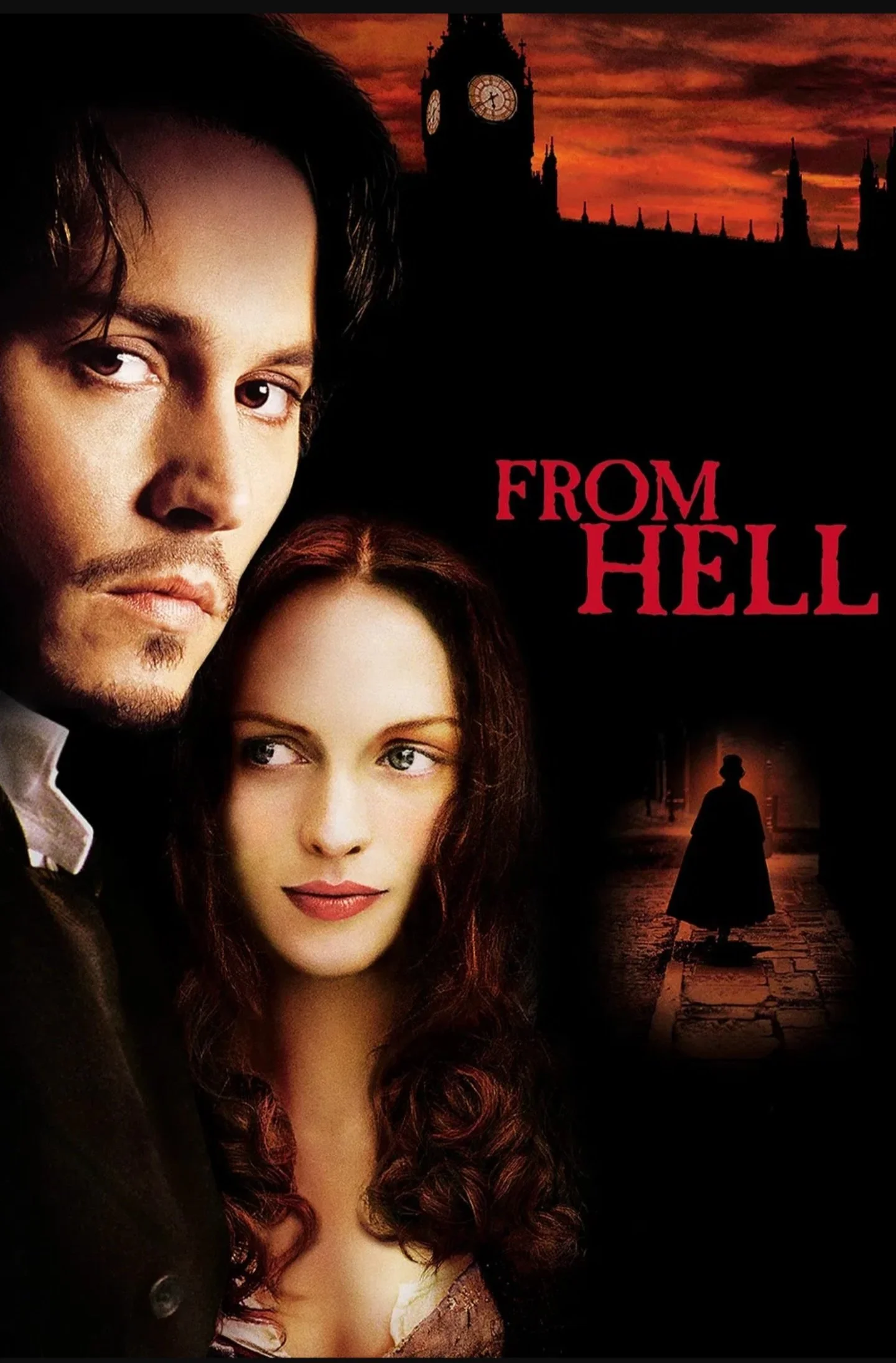 Movie poster for 'From Hell' featuring a man and woman in the foreground, the silhouette of a person walking on a cobblestone street, Big Ben clock tower in the background, and the title 'From Hell' in red text.