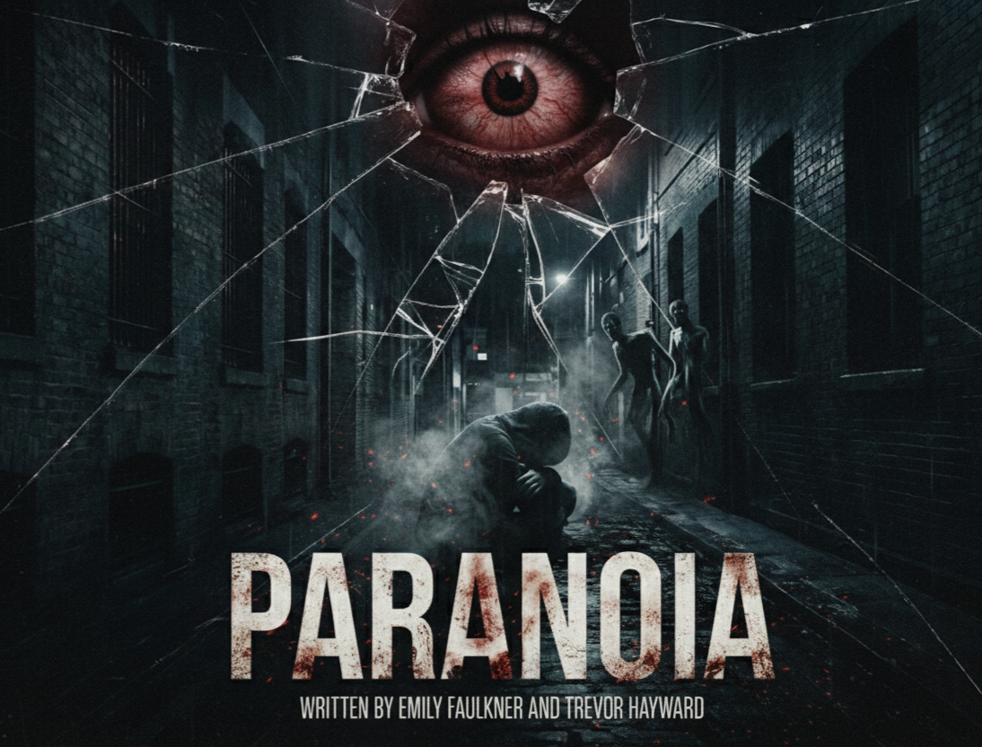 A dark alleyway scene showing a large shattered glass with a giant red eye appearing through the break. In the alley, there are three humanoid figures; one is crouched with a hood, and two others are standing nearby. The word "PARANOIA" is written at the bottom in bold, blood-splattered letters, with credits for writers Emily Faulkner and Trevor Hayward.