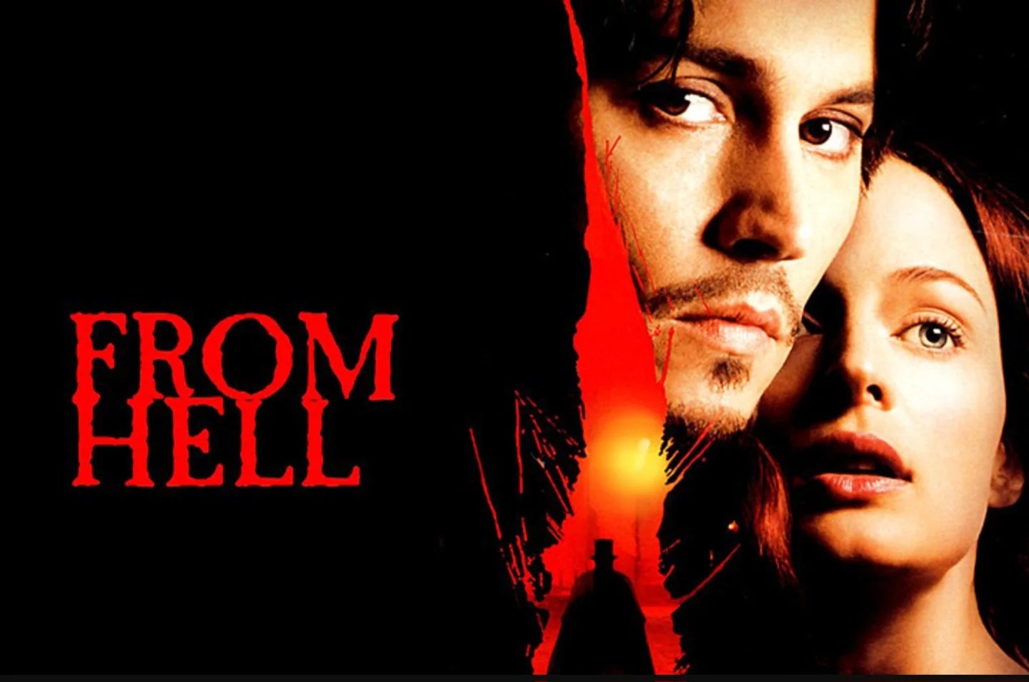 A movie poster for 'From Hell' featuring a man with dark hair and a woman with reddish hair, with a red and black background and a silhouette of a person walking toward a setting sun.