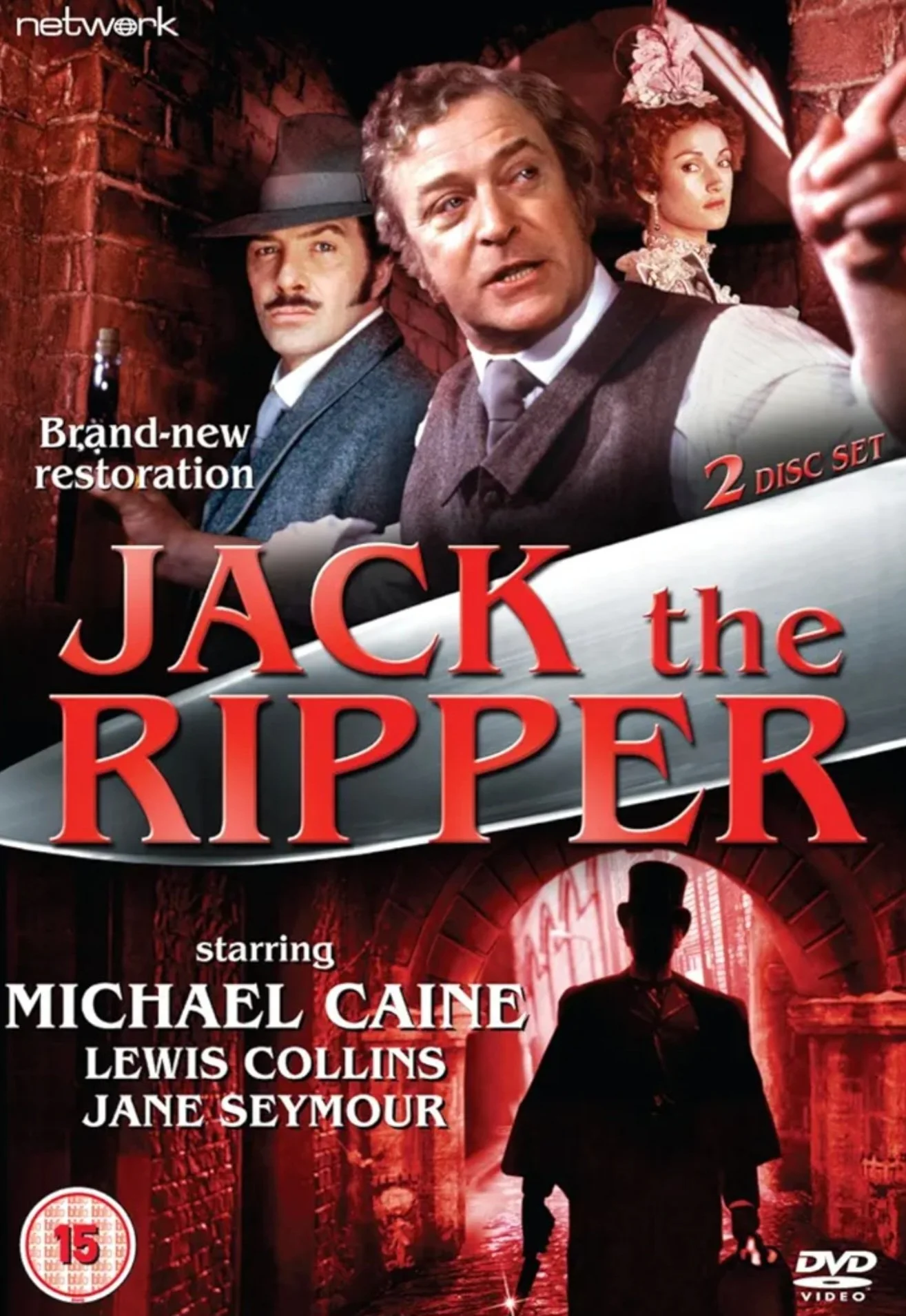 DVD cover for the film 'Jack the Ripper', featuring Michael Caine, Lewis Collins, and Jane Seymour. The cover shows three characters in period clothing, with a dark alley at night below a silhouette of a man in a bowler hat. The text indicates a two-disc set with brand-new restoration and lists the cast members.