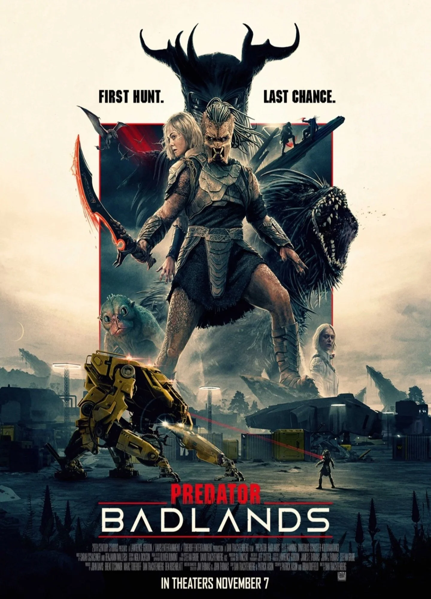 Movie poster for 'Prey at Badlands' featuring a fierce female warrior with a spear and armor, surrounded by a giant predator, large animals, and a robotic dog, with the tagline 'First Hunt. Last Chance.' and release date November 7.