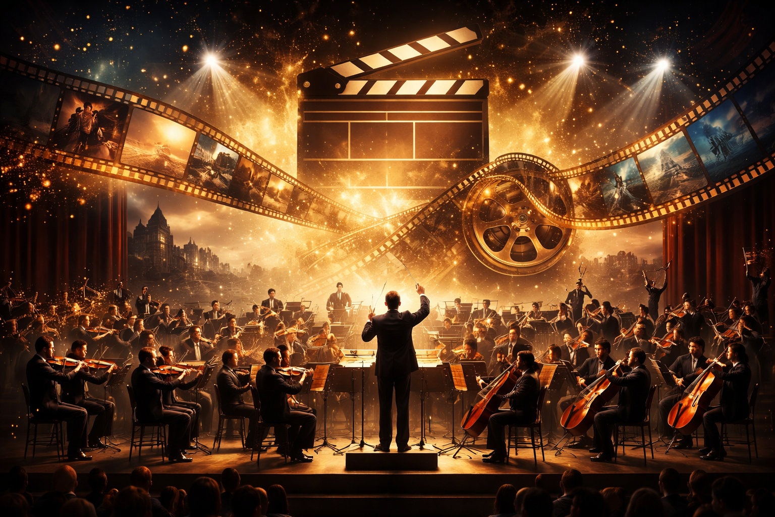Orchestra performing on stage with a conductor, large film reel, and film strip showing scenes from movies, with golden particles and bright lights.