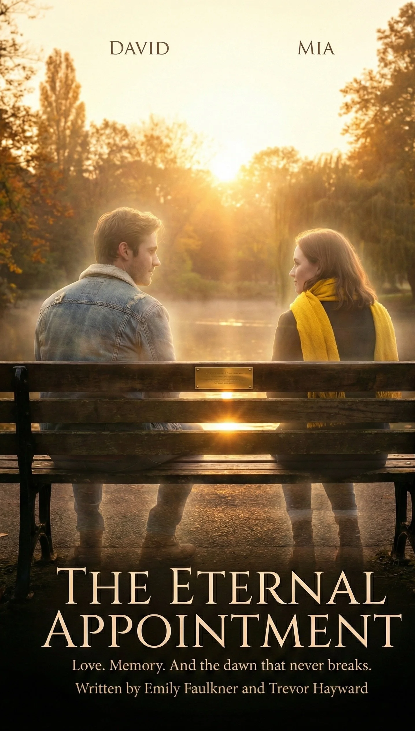 Book cover of 'The Eternal Appointment' showing a man and woman sitting on a park bench by a lake at sunset, with trees in the background. The title and authors' names are displayed.