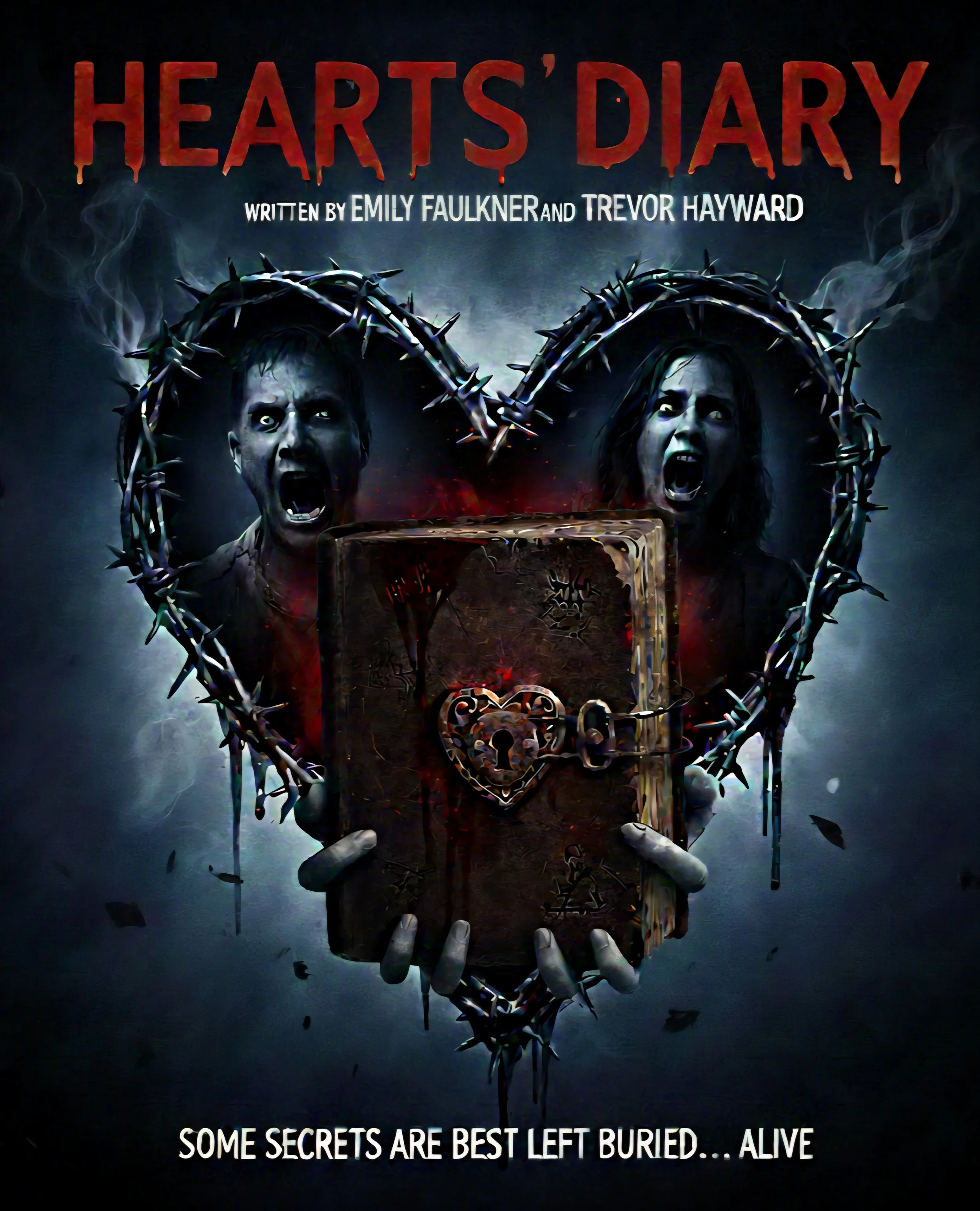 Dark horror-themed poster for 'Hearts' Diary' featuring two screaming women inside a heart-shaped crown of thorns, holding a locked journal with a heart-shaped lock. The tagline reads, 'Some secrets are best left buried... alive'.