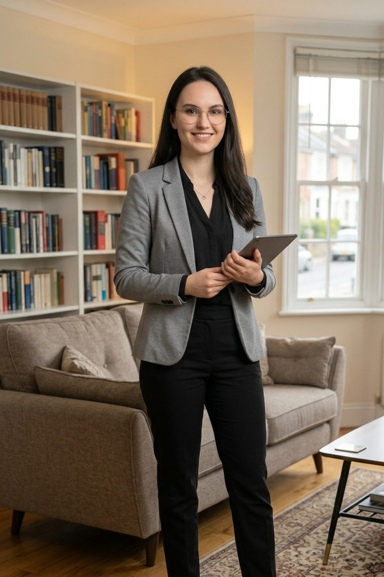 A young woman in business attire standing in a living room, holding a tablet, smiling, with a bookshelf, sofa, and window in the background.