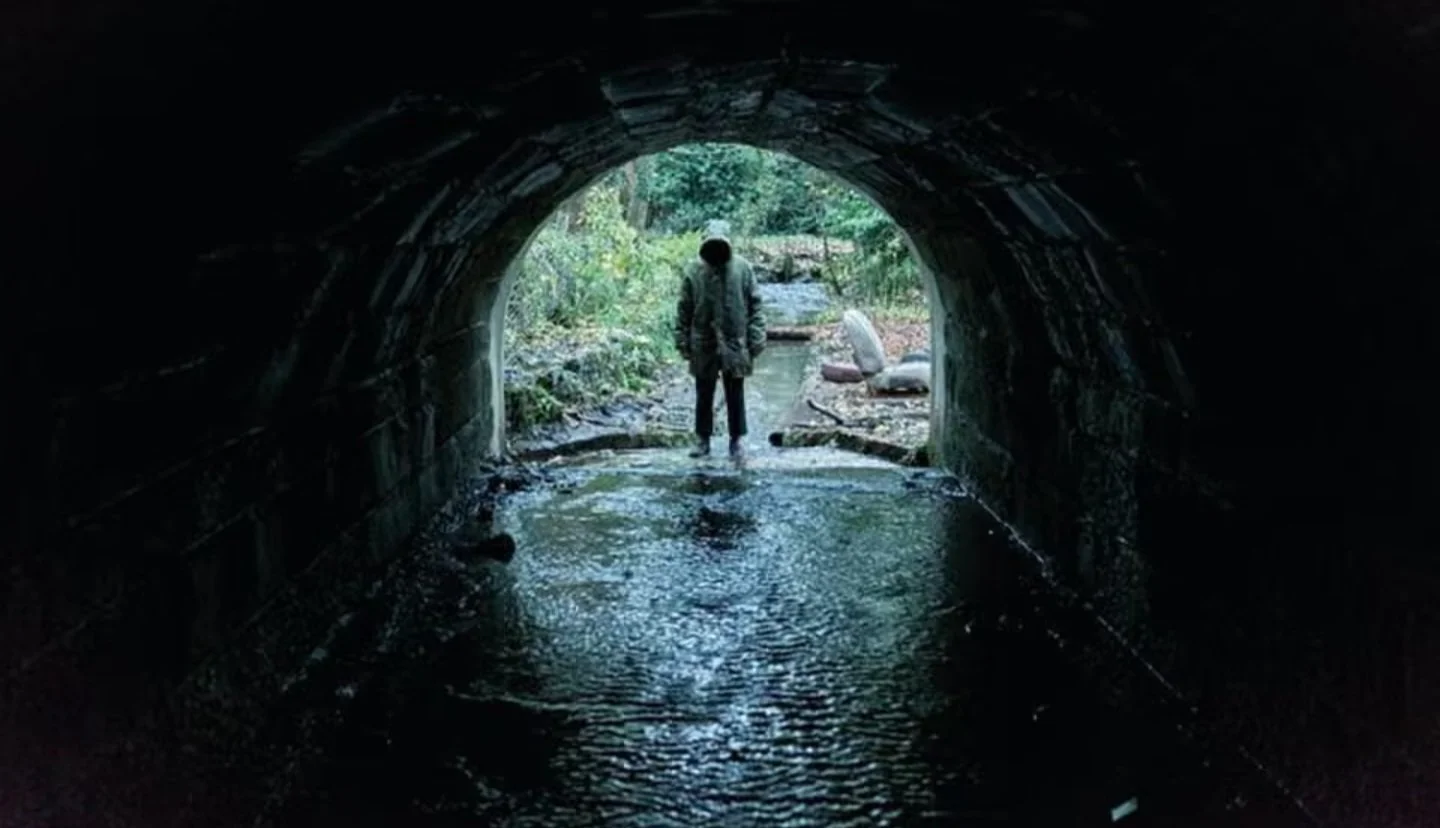 Person standing at the entrance of a tunnel, looking down at water on the ground, with trees and rocks outside.