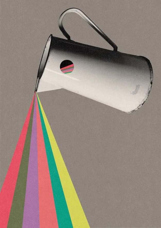 A metal cup pouring out multicolored rainbow-colored light beams against a gray background.