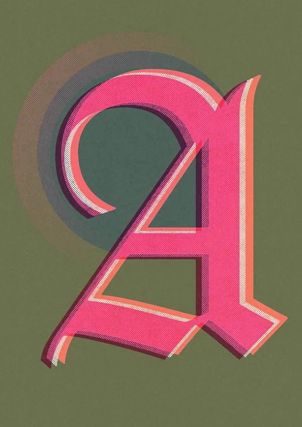 A stylized pink letter 'A' with a shadow effect on a green background.
