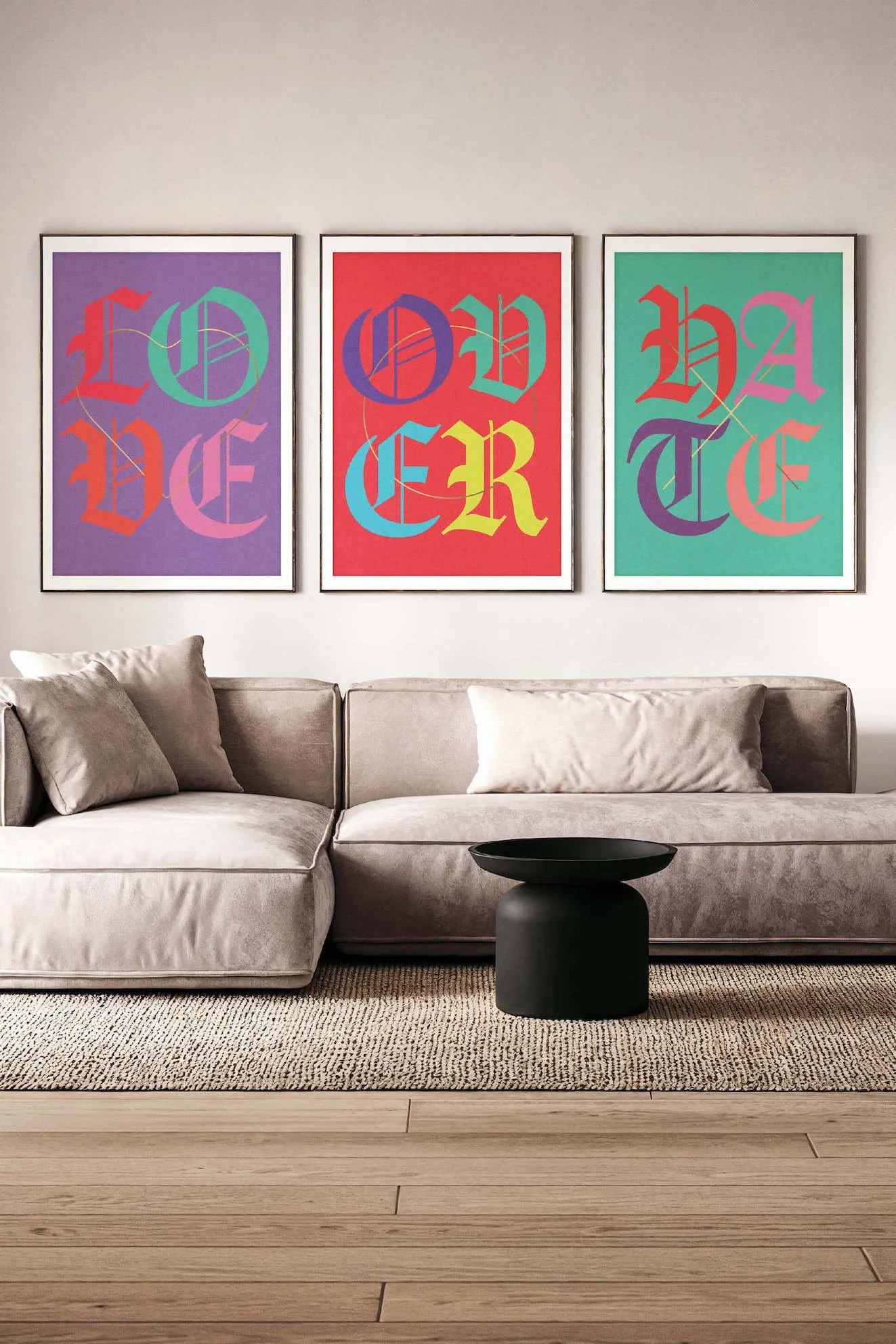 LOVEoverHATE by graphic artist Paul Scott.  Printed on Heavyweight archival 260gsm matte paper using fade resistant inks. 100% cotton rag , Acid-Free. Sold as a set of 3 Prints.