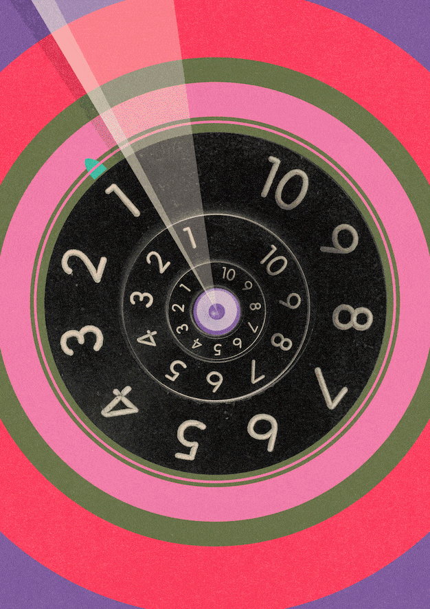 Close-up of a spiral clock face with rotating numbers from 1 to 12, showing the time as approximately 12:06, with colorful concentric circles in pink, purple, and green in the background.