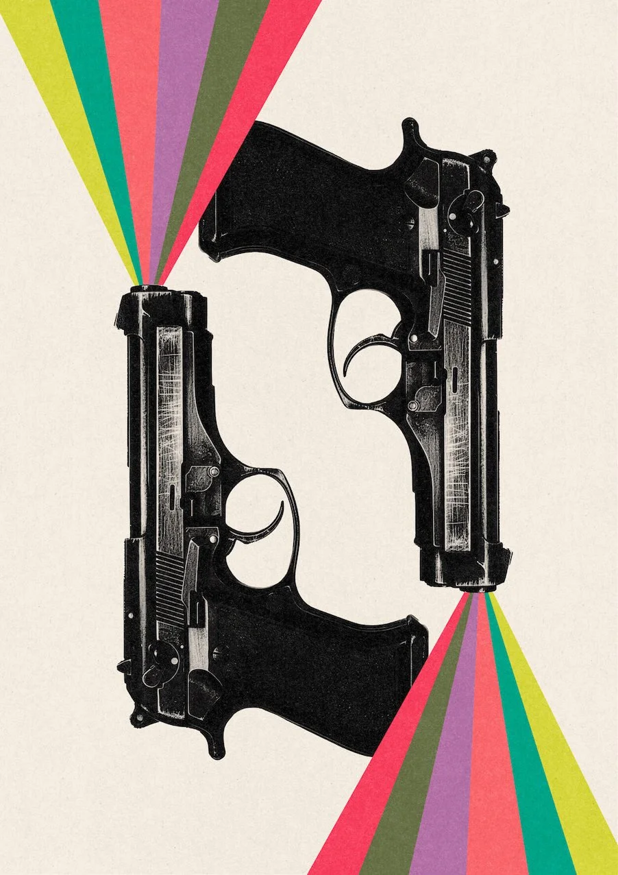 Friendly Fire #4 by graphic artist Paul Scott.  Printed on Heavyweight archival 260gsm matte paper using fade resistant inks. 100% cotton rag , Acid-Free. Design available in 4 colour options.