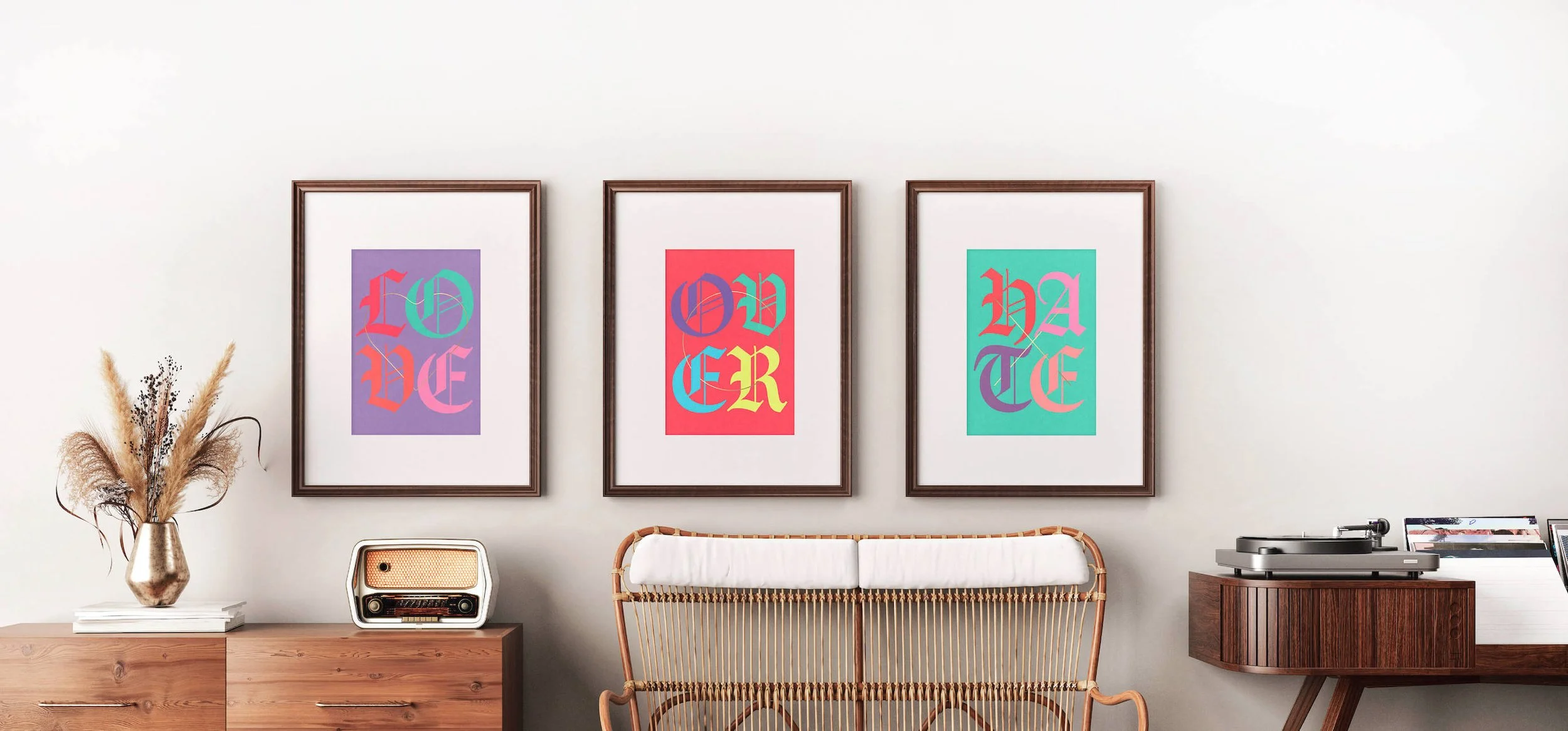 LOVEoverHATE by graphic artist Paul Scott.  Printed on Heavyweight archival 260gsm matte paper using fade resistant inks. 100% cotton rag , Acid-Free. Sold as a set of 3 Prints. Shop now at paulscott.studio ©2026 Liberty Creative Ltd.