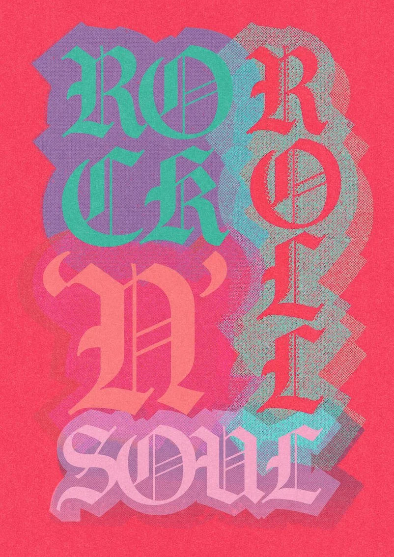 Rock 'n' Roll Soul by graphic artist Paul Scott.  Printed on Heavyweight archival 260gsm matte paper using fade resistant inks. 100% cotton rag , Acid-Free. Design available in 4 colour options.