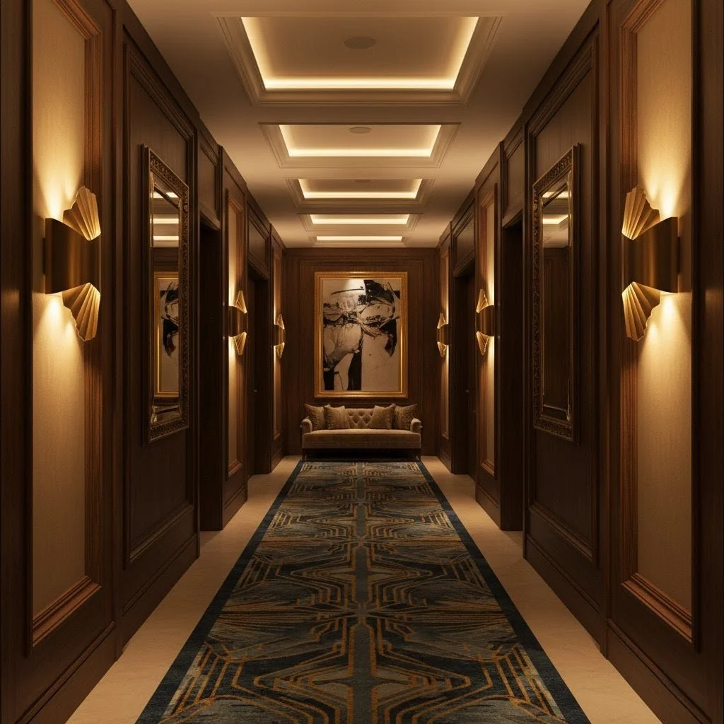 A luxurious hotel corridor with ornate wooden wall paneling, soft warm lighting, a patterned carpet, artwork, and a sofa at the end of the hallway.